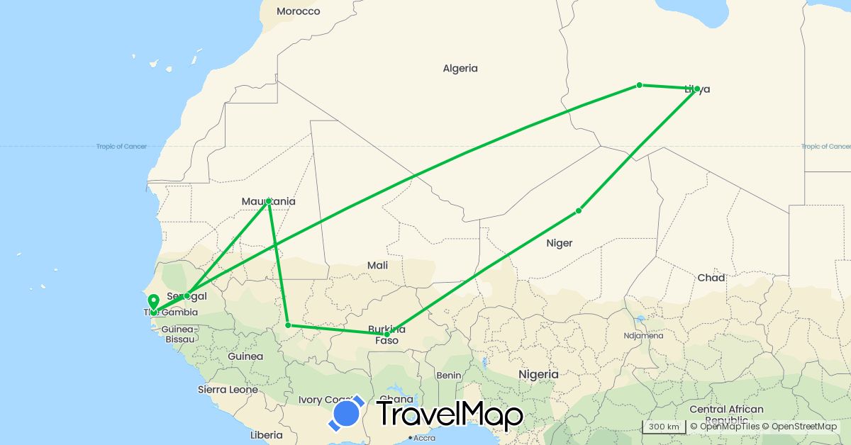 TravelMap itinerary: driving, bus in Burkina Faso, Gambia, Libya, Mali, Mauritania, Niger, Senegal (Africa)